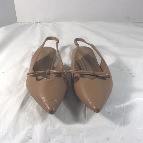H & M Women’s Nude Brown Bow-Decorated Slingback Pointy Toe Vegan Shoes Flats - Picture 2 of 8